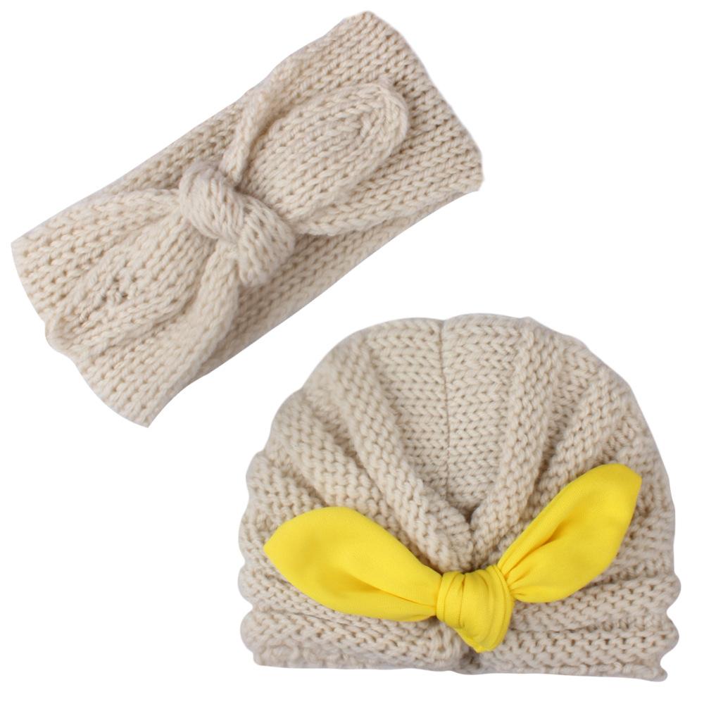 New baby Crochet Knit Hat Autumn Winter 2pcs/set Baby Headbands Newborn Beanies Head Bands Infants Hand Knitted Caps Baby Girl Hats