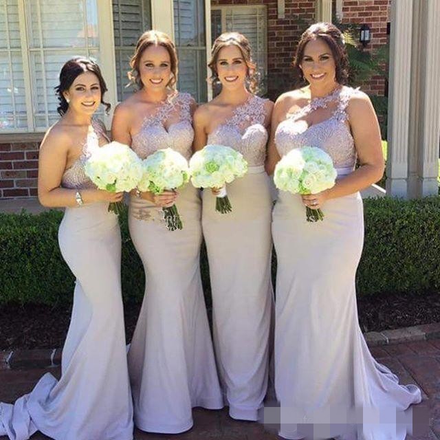 One Shoulder Bridesmaid Dresses Mermaid Lace Applique Jersey Sweep Train Ribbon Maid Of Honor Gown Wedding Party Guest Formal Wear