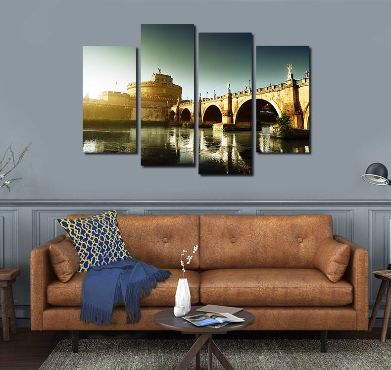 4pcs/set Unframed Castel Sant'Angelo and Tiber River HD Print On Canvas Wall Art Picture For Home and Living Room Decor