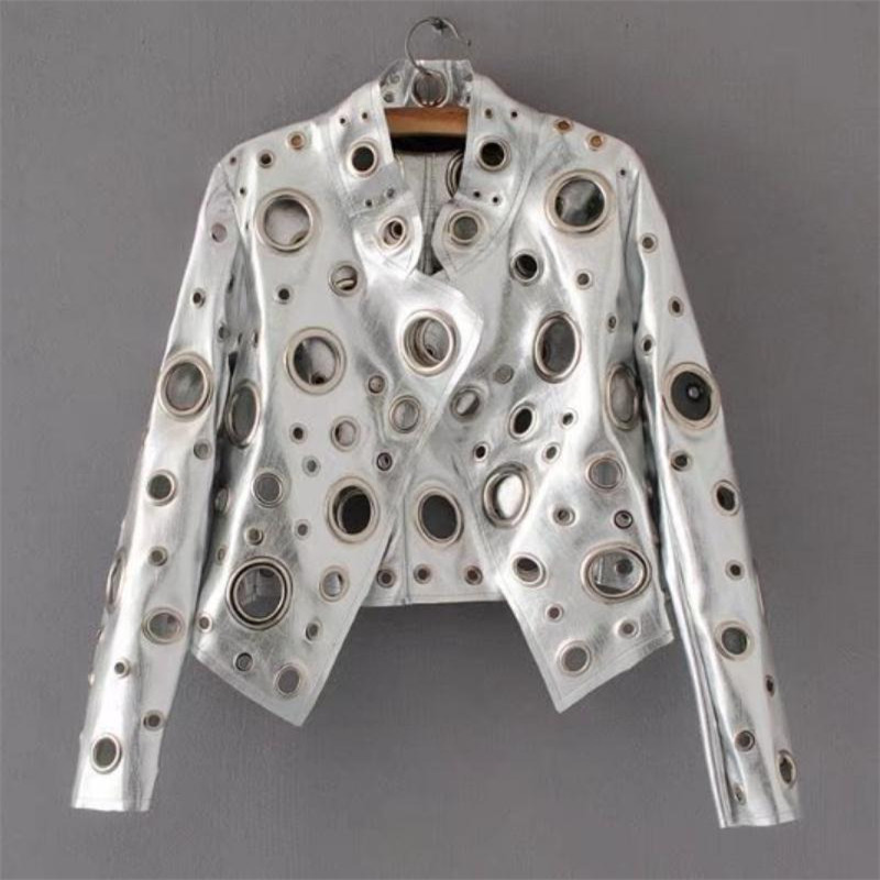 European and American Fashion Stand Collar pu Jacket Coat Loose Bright openwork Metal Ring Decoration pu Jackets Coats Black XL