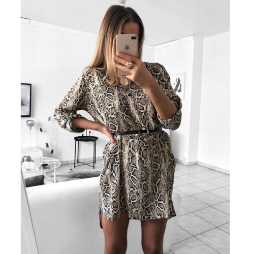 Women Sexy Leopard Snake Print Striped Long Sleeve V-Neck Dress Ladies Casual Empire Mini Dresses Above Knee Length
