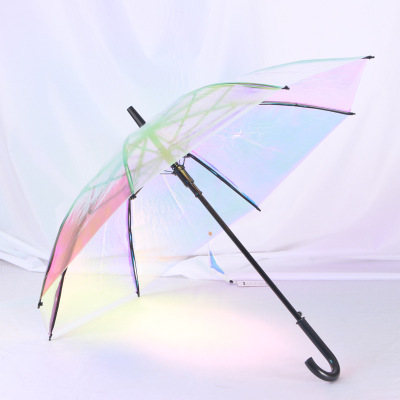 Plastic PVC Holographic Umbrella Fashion Rain Sunshade Long Handle Transparent Umbrella