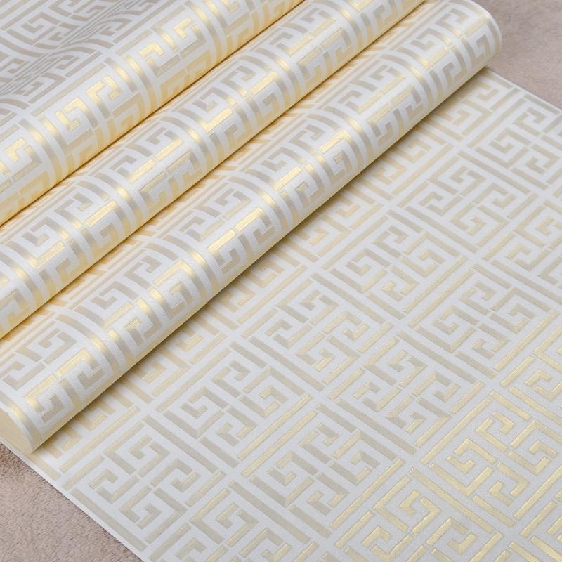 Contemporary Modern Geometric Wallpaper Neutral Greek Key Design PVC Wall Paper for Bedroom 0.53m x 10m Roll Gold on White