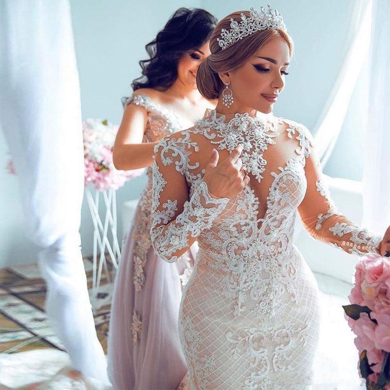 Blush Pink New Mermaid Wedding Dresses Long Sleeves High Neck Illusion Lace Appliques Beads Detachable Train Sexy Button Back Bridal Gowns