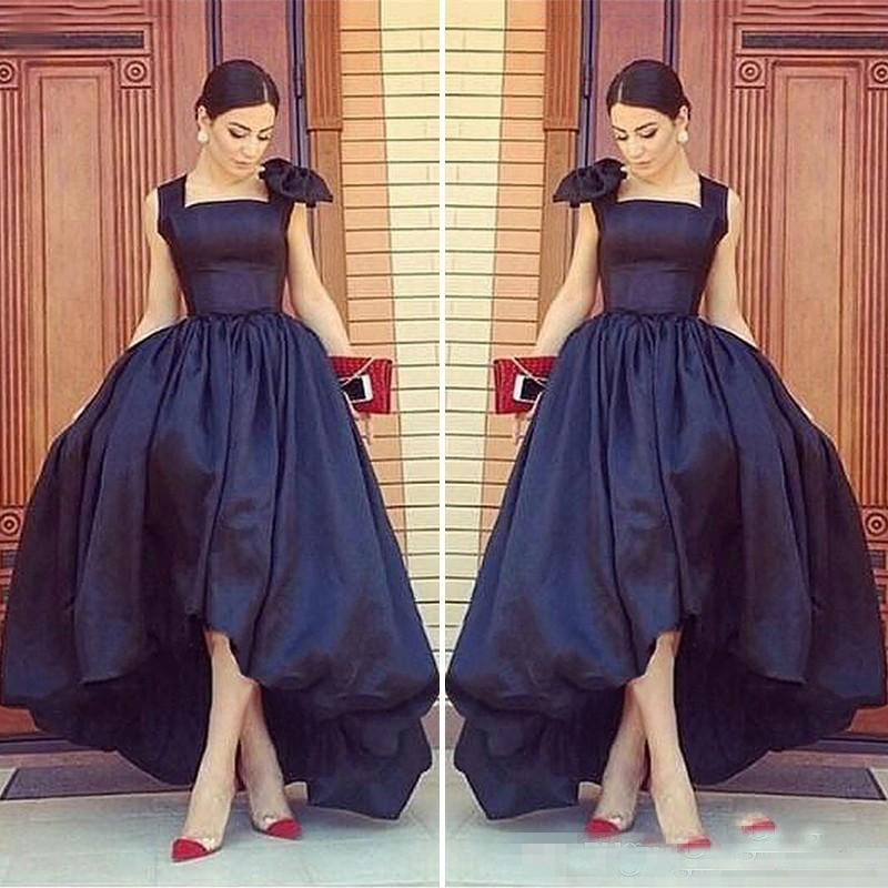 Arabic High Low Black Prom Dresses Cap Sleeves Scoop Neck Front Short Back Long Plus Size Evening Special Occasion Gowns Formal Dresses