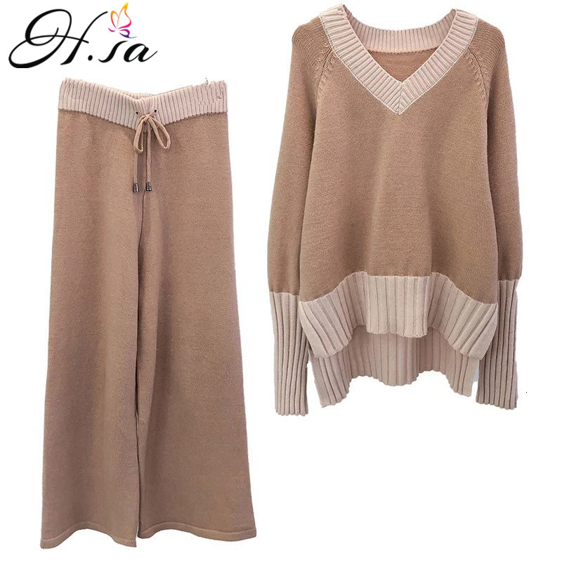 H.SA 2018 Winter New Women Two Pieces Sweater Suite V neck Loose Style Female Knit Jumpers Wide Leg Pants Sweater Suit KoreanMX190928