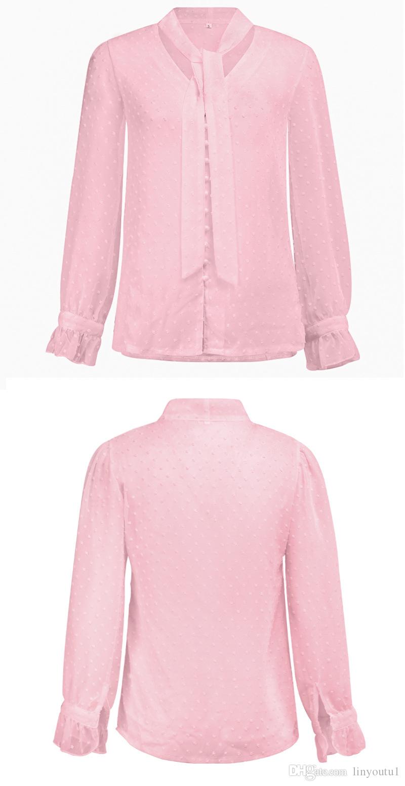 2020 Women's Perspective Button Tie Long Sleeve Top Sexy Chiffon Sheer Mesh Dot prints Top Shirt Office Ladies Work Leisure Clothes