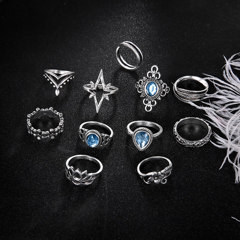Knuckle ring set retro diamond carved starry gemstone 11 piece set boho can be superimposed ring female silver