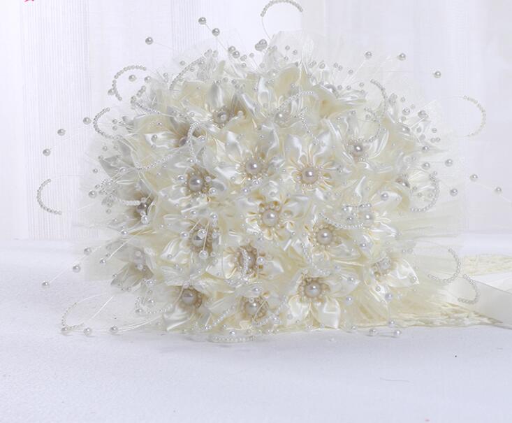 Pearl Silk Bridal Bouquet Romantic Rose Hand Flowers Silk Ribbon Pearl Wedding Bridesmaid Bouquet Floral Decoration