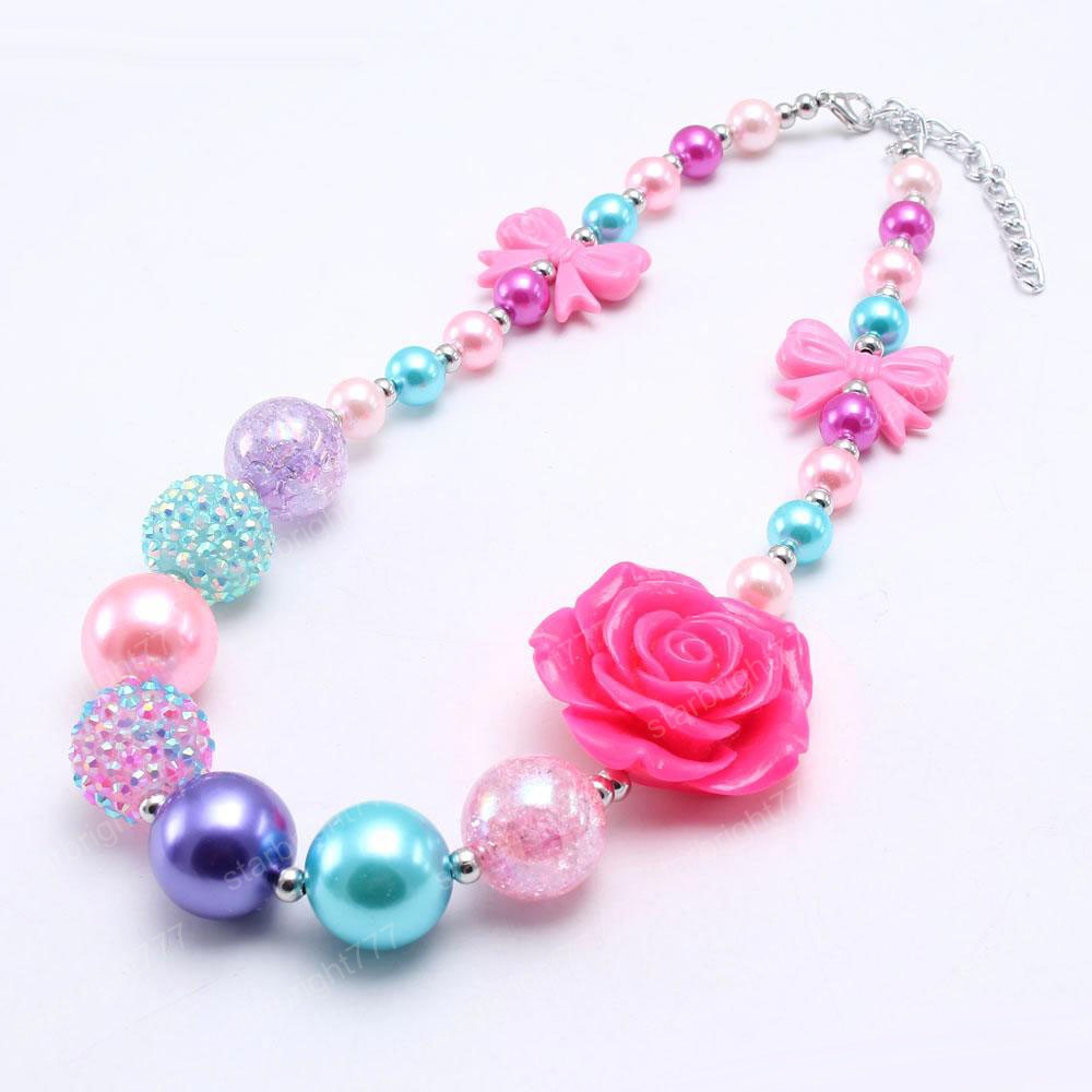 Pretty Bow Flower Kid Chunky Necklace Newest Arrivel Fashion Bubblegume Bead Chunky Necklace Jewelry For Baby Kid Girl