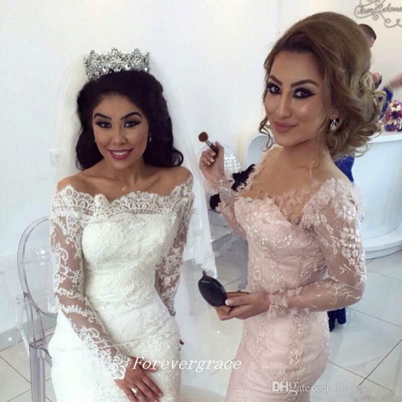 2019 Light Pink Colour Bridesmaid Dress Fashion Mermaid Lace Long Sleeves Maid of Honor Dress Wedding Guest Gown Custom Made Plus Size