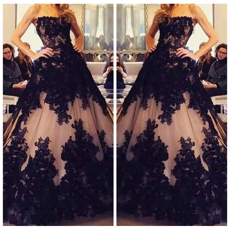 2019 Strapless Black Lace Appliques A-Line Prom Dresses Modest Lace Up Back Long Vestidos De Soiree Customized Evening Party Gowns Formal
2019 Strapless Black Lace Appliques A-Line Prom Dresses Modest Lace Up Back Long Vestidos De Soiree Customized Evening Party Gowns Formal