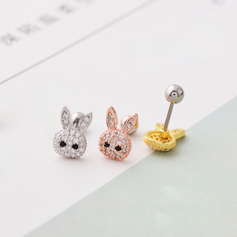 Bling Zircon Cute Rabbit Animal Screwback Stud Earring Ear Bone Nail Jewelry No Fading No Allergies Safe Sleeping Without Picking