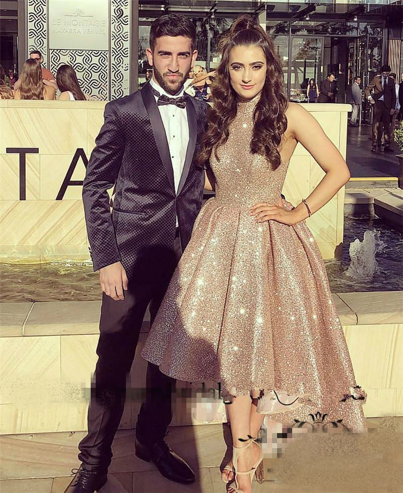 Hi Lo Sequined Prom Dresses Sleeveless High Collar Arabic Dubai Rose Gold Evening Dress Customize Cocktail Party Gowns Vestidos De Novia