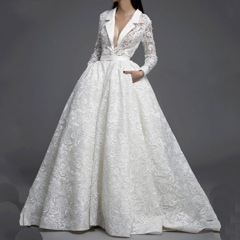 Special Design Lace Long Sleeves Chic Wedding Ball Gowns with pockets deep v neck Custom Made Venice Lace Puffy Illusion Bridal Dress
