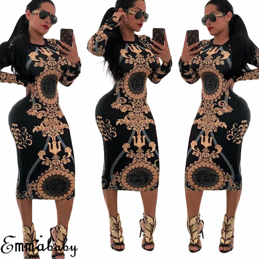 New Women Casual O-neck Print Long Sleeve Bodycon Party Long Dress Ladies Sexy Striped Clubwear Dresses