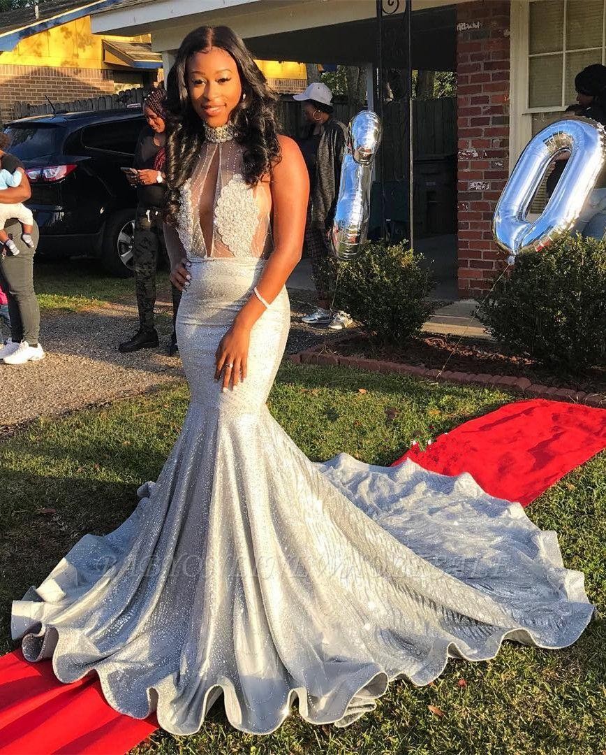 Sparkly Sier Sexy High Neck Mermaid Prom Dresses 2020 Long Lace Sequins Beaded Backless Chic Evening Gowns Formal Party Dress