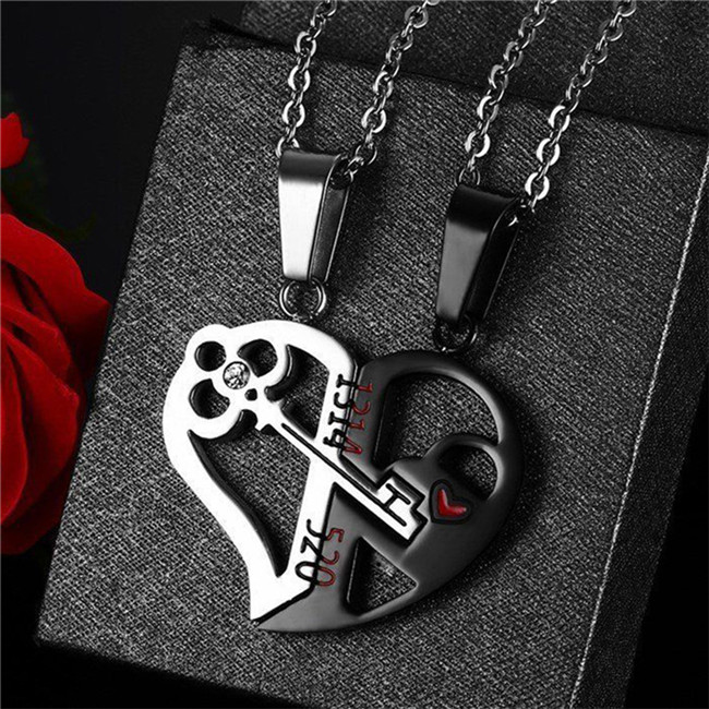2019 New Fashion 2pcs His and Hers Stainless Steel Love Heart Lock & Key Couple Pendant Necklace stainless steel jewelry
