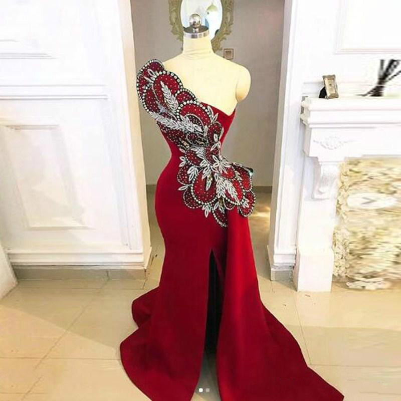 Embroidery Beads Burgundy Evening Dresses Elegant One Shoulder Ruffles Split Party Celebrity Gowns Designer Prom Dress Custom Made