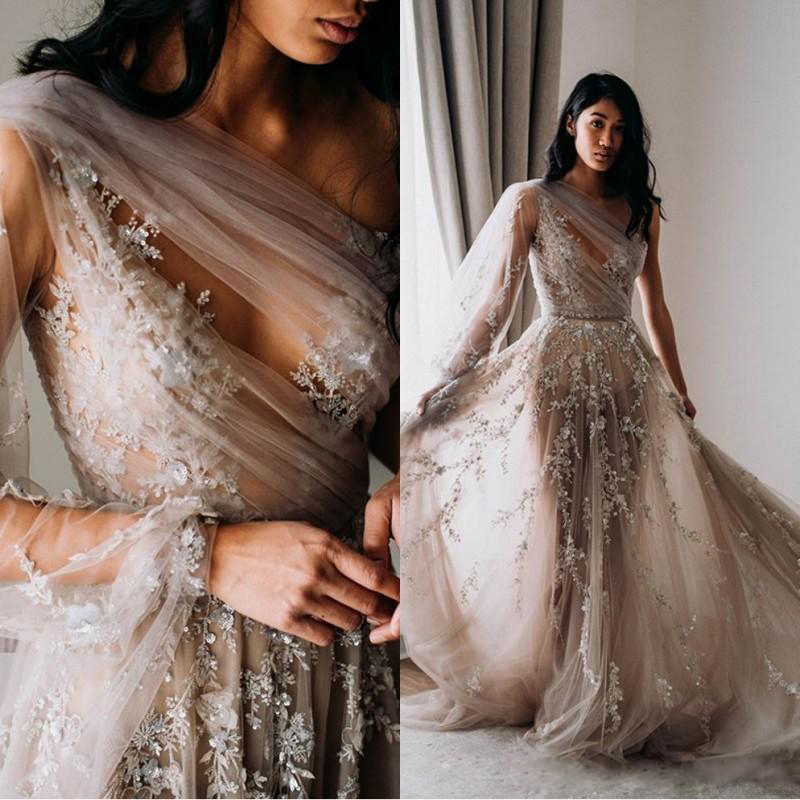 Sexy Illusion Beach Wedding Dresses One Shoulder Ruched Lace Appliques Beaded Sequined Bridal Gowns Tulle Skirt Wedding Dress