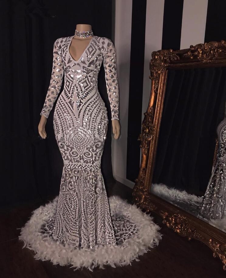 2020 New Sexy Sequins Feather Dark Red Mermaid African Prom Dresses Royal Blue Long Sleeves V Neck Sequined Formal Evening Dress Party Gowns