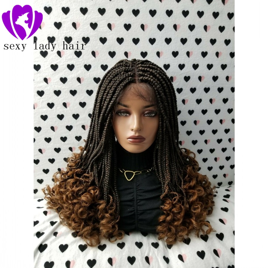 Fashion black women braid style 1/30 ombre brown Braided Wig middle part Box Braids Swiss Lace Front Wig With Curly Ends