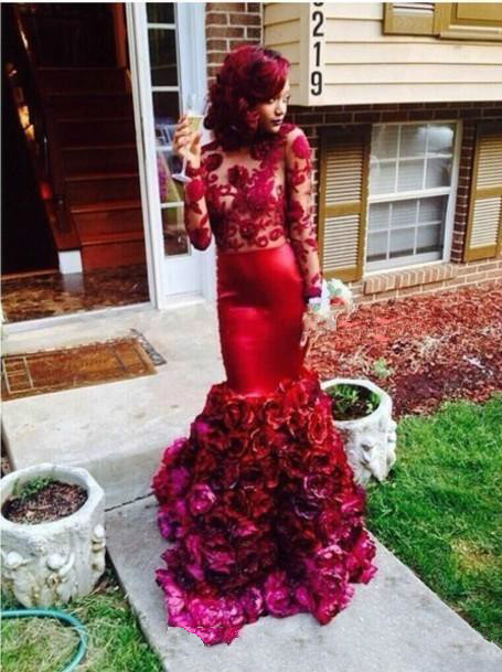 Elegant Maroon black girls mermaid prom dresses open back sexy sheer top appliques long sleeve evening dress tight Rose Floral fishtail gown