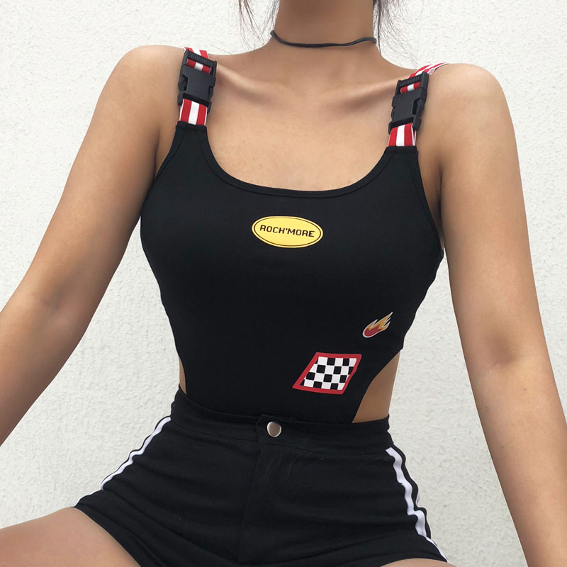 Sexy Strappy Bodysuit Women Checkerboard And Fire Print Body Mujer Black Striped Patchwork High Waist Bodycon Bodysuits