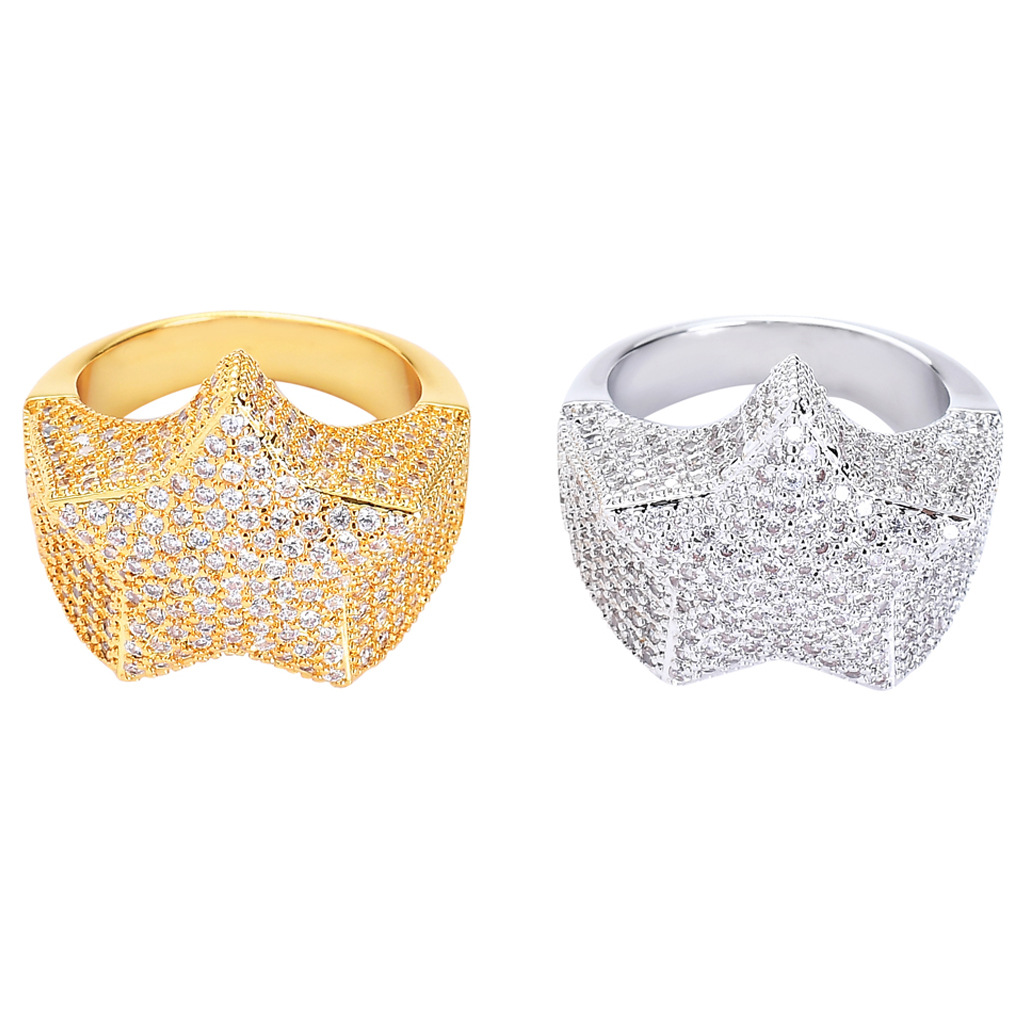 Men's Hip Hop Star Rings 18k Real Gold Plated Bling Cubic Zircon Diamond Finger Ring Jewelry Gift