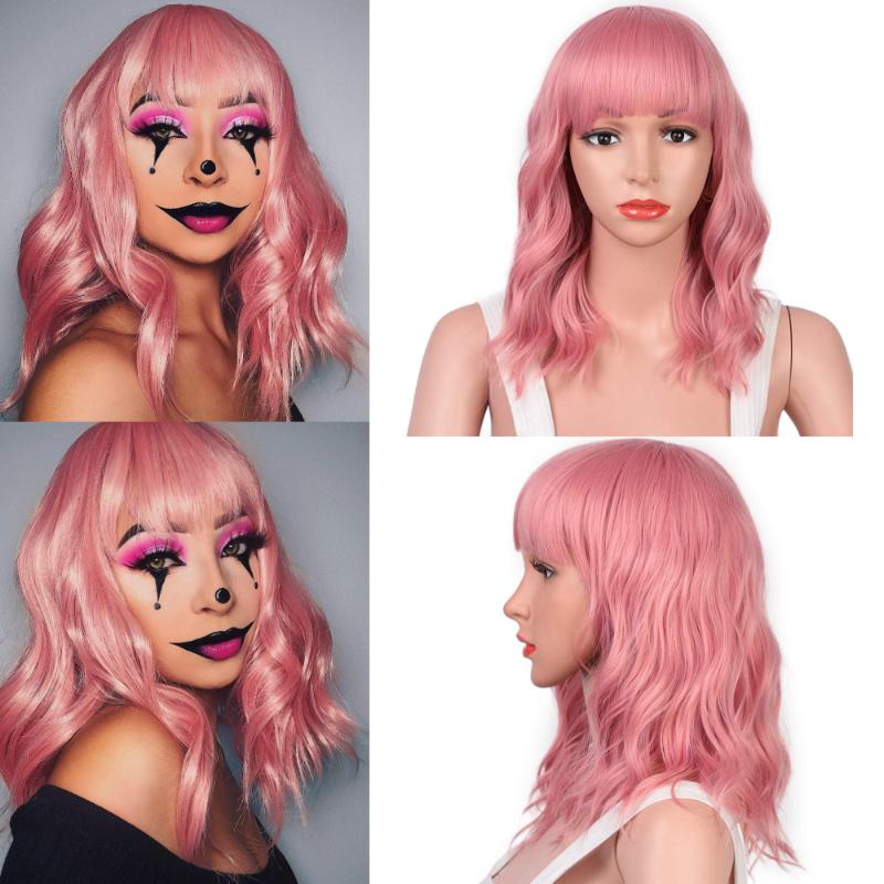Synthetic Hair Wig Pink Wigs With Air Bangs 14inch Short Wavy Wigs For Women Daily Party Cosplay wig Heat Resistant Fiber 
Synthetic Hair Wig Pink Wigs With Air Bangs 14inch Short Wavy Wigs For Women Daily Party Cosplay wig Heat Resistant Fiber