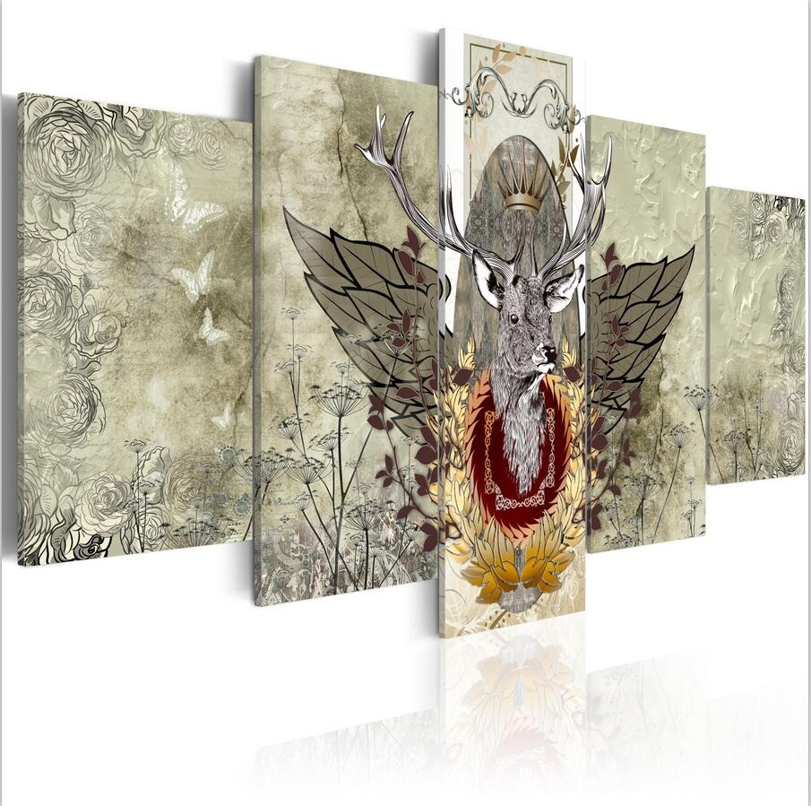 Hd Modern Painting Fashion Decor 5PCS/Set Animal Honorable Deer Art Print Frameless Canvas Painting Wall Picture Home Decoration No Frame