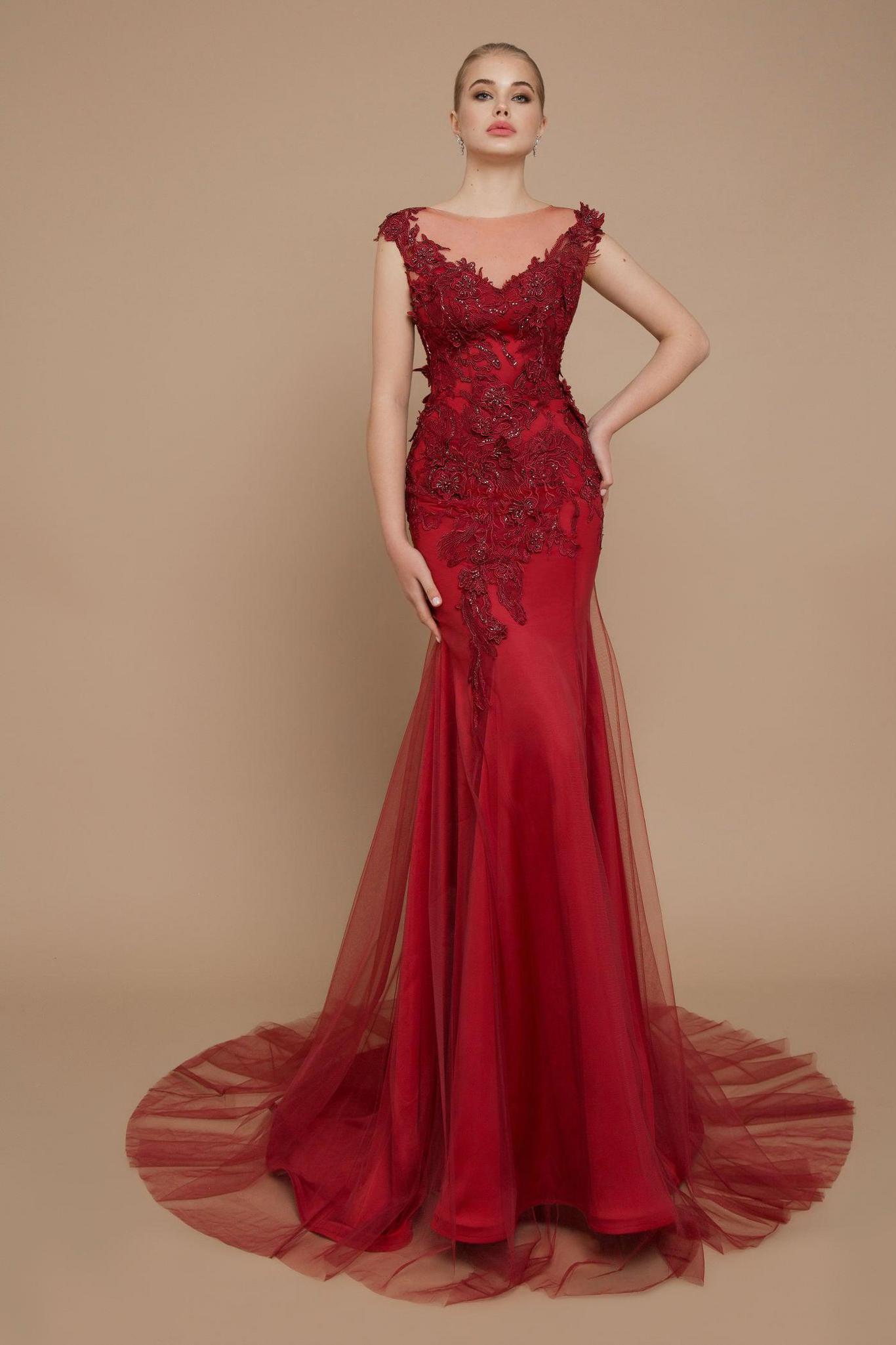 Riccasposa Red Evening Dresses Sheer Jewel Neck Sleeveless Lace Appliques Prom Gowns Sweep Train Mermaid Formal Party Gowns