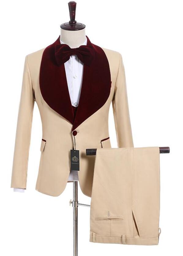 Beige Wedding Groom Tuxedos with Wine Velvet Shawl Lapel 3 Piece Groomsmen Men Suits Prom Blazer (Jacket+Pants+Vest+Tie), Black
Beige Wedding Groom Tuxedos with Wine Velvet Shawl Lapel 3 Piece Groomsmen Men Suits Prom Blazer (Jacket+Pants+Vest+Tie), Black