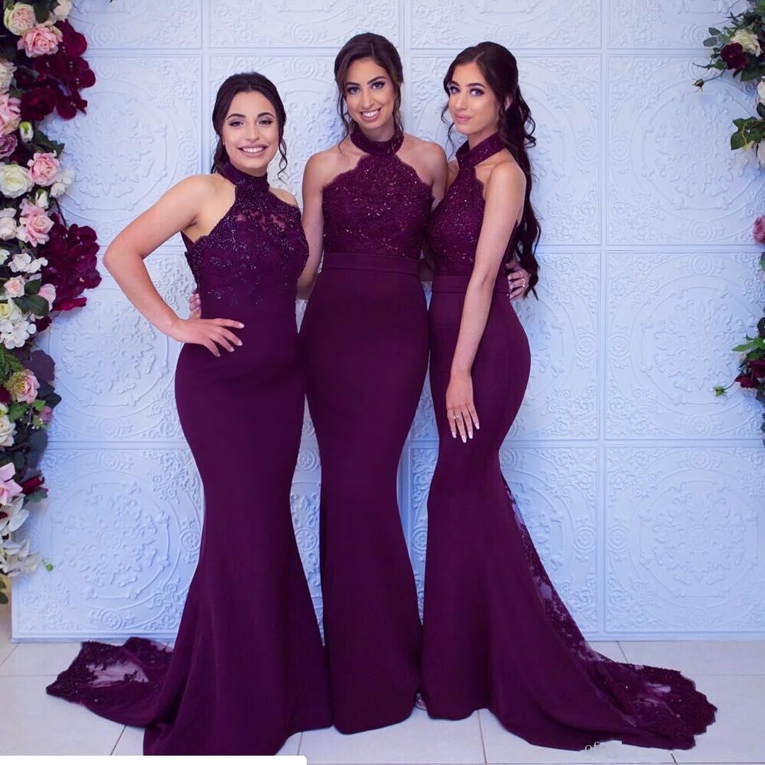 Mermaid Bridesmaids Dresses Grape Cheap Country Halter Sleeveless Lace Appliques Beads Open Back Plus Size Long Wedding Guest Gowns