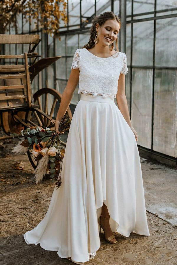 2020 Beach Wedding Dresses Jewel Neck High Low Short Sleeve A Line Bohemian Wedding Gowns Two Pieces Sweep Train Vestidos De Novia