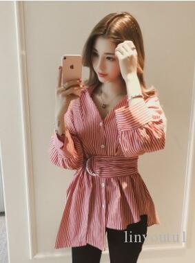 2020 New Fashion Irregular Patchwork Striped High Waist Shirt For Women Female's Long Sleeve Long Blouse With Belt
