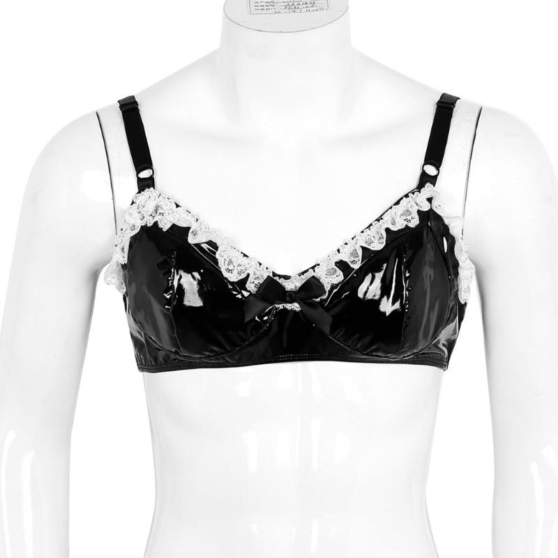 Bras Sexy Men Bra Top Mens Lingerie Sissy Bralette Bowknot Black Faux Leather Latex Lace Fetish Erotic Wetlook Underwear