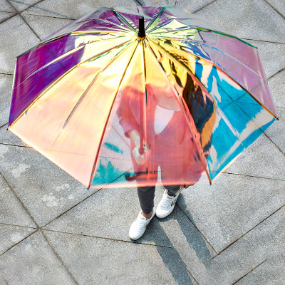 Plastic PVC Holographic Umbrella Fashion Rain Sunshade Long Handle Transparent Umbrella