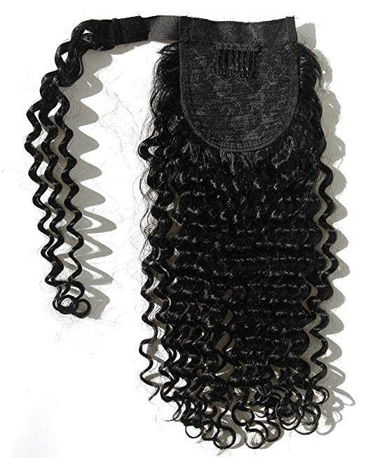 18" 160g Deep Curly Wrap Around Clip in on Ponytail Extensions Magic Paste Wavy Hair Pieces for Women and Girls drawstring human