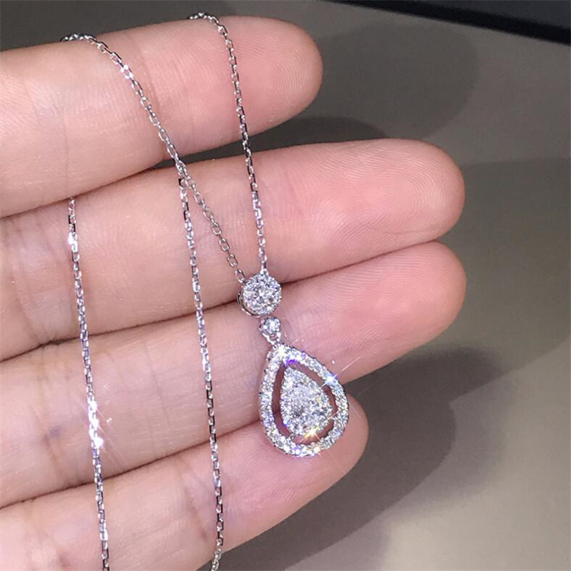 New Victoria Sparkling Luxury Jewelry 925 Sterling Silver&Rose Gold Fill Drop Water White Topaz Pear CZ Diamond Women Pendant Chain Necklace