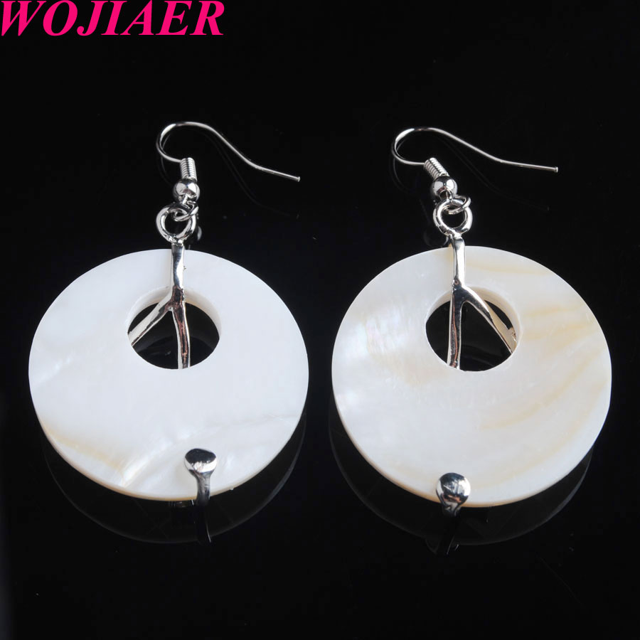 WOJIAER Fashion Hollow Women Dangle Earrings Natural Donut Mother of Pearl Abalone Shell Flower Crystal CZ Jewelry Earring BV909