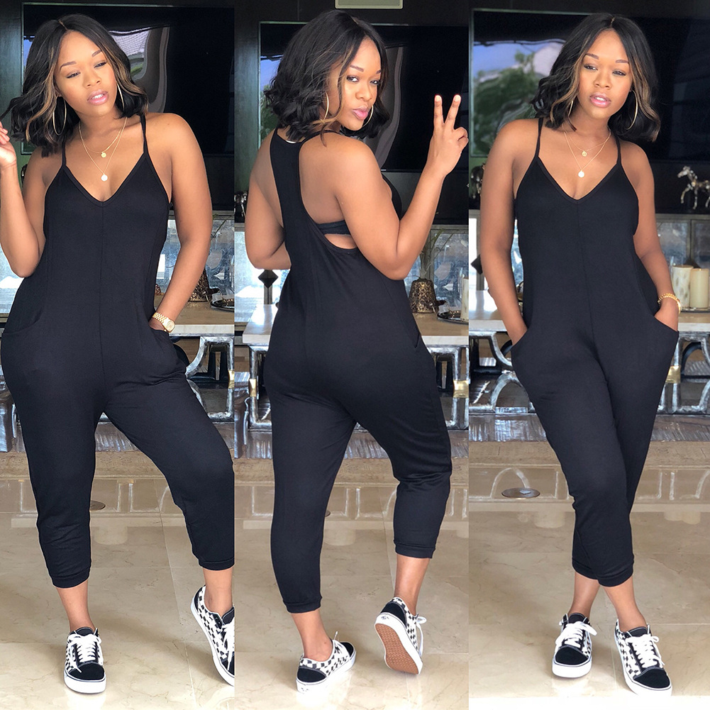 Jumpsuits European solid color sexy sling V-neck sleeveless halter hood casual street double pocket jumpsuit support mixed batch