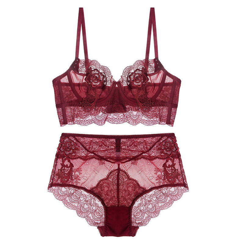 Floral Embroidery Sexy Lingerie Lace Female Intimates Ultrathin Cup Women Fashion Bra Set Transparent Bras Tall Waist PantiesQ190401