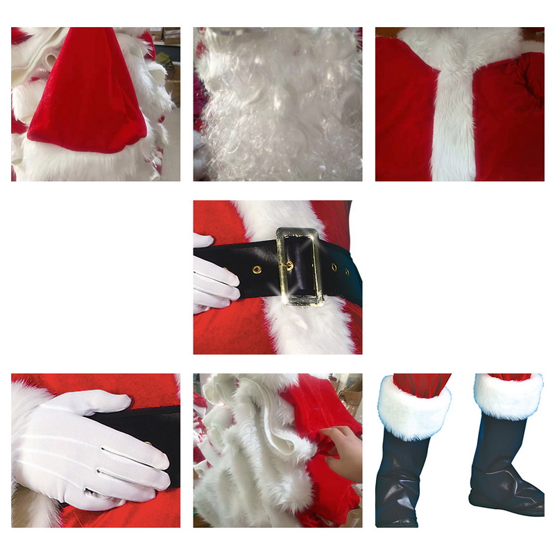 7PCs Adult Santa Claus Costume Flannel Classic Suit Christmas Cosplay Props Men Coat Pants Beard Belt Hat Christmas Set M XL
