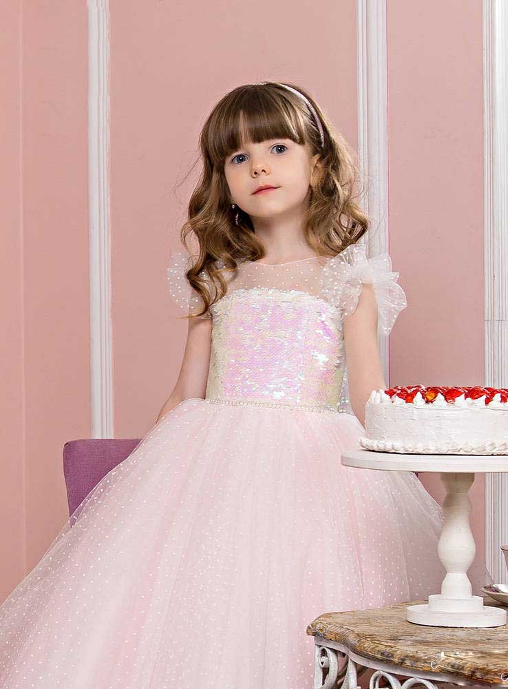 2020 Modest Flower Sleeveless Jewel Neck Zipper Sequins Ball Gown Ankle Length Tulle Lace Princess Girl Dress 0508