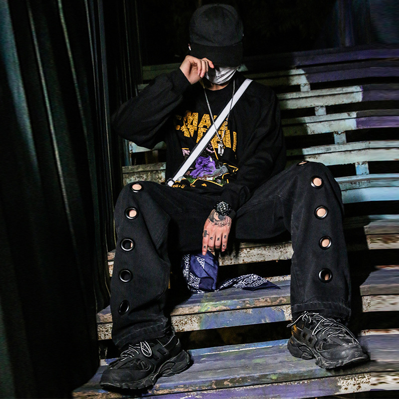 Women Man High Streetwear Plus Size Loose Baggy Hollow Hole Ring Punk Wide Denim Pant Hip Hop Harajuku Tracksuit Jeans Oversized