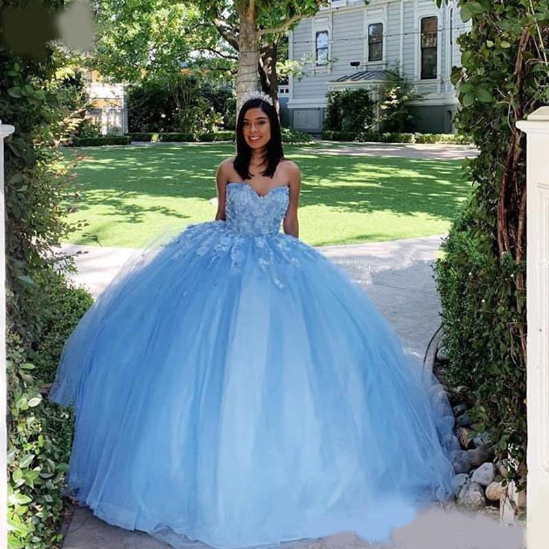 Light Sky Blue Ball Gown Quinceanera Dresses Sweet Heart Lace up Back Appliques Formal Gowns for Sweet 15 vestidos de quinceañera