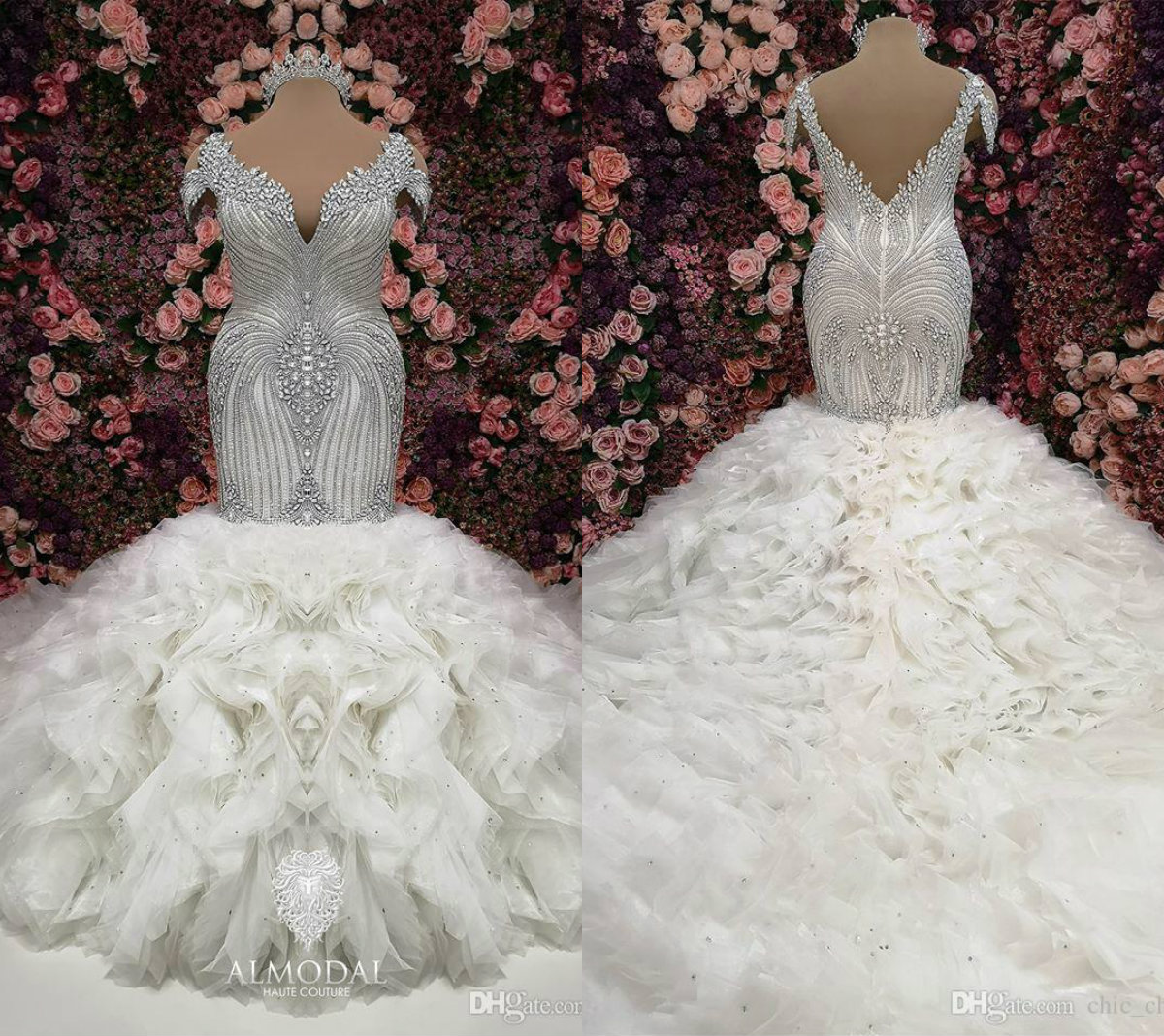 Plus Size Dresses Beads Crystal Lace Tiered Skirts Court Train Cap Sleeves Mermaid Wedding Dress African Bridal Gowns