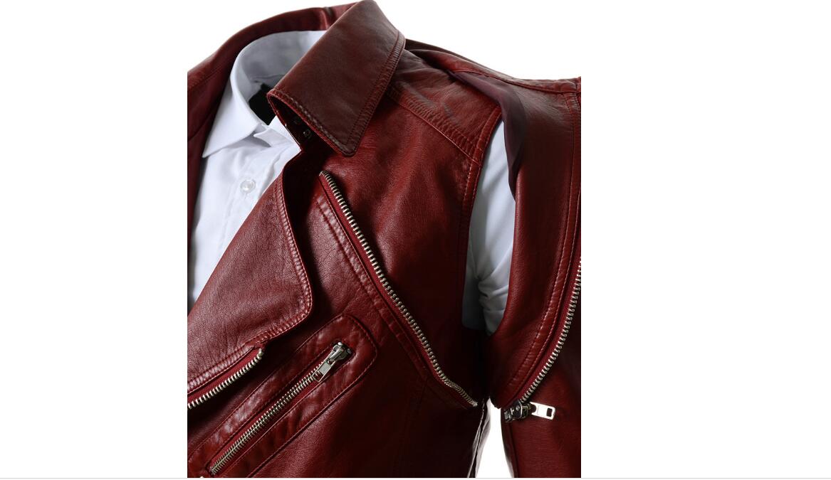Wholesale-New ! Mens Removable Sleeve Designer High Quality PU Leather Jacket Men Motorcycle Jacket Jaqueta Couro Color : Red / Black
