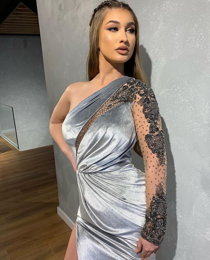 Prom Dresses Fashion One Shoulder Long Sleeve Lace Side Split Evening Gowns Sweep Train Plus Size Formal Party Dress